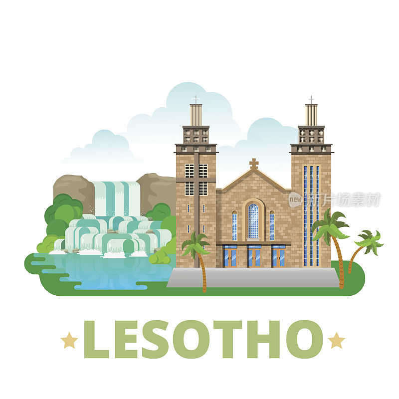 莱索托国家设计模板。平面卡通风格的历史景观展示网站矢量插图。世界旅游观光非洲非洲收藏。马塞卢的胜利圣母大教堂。