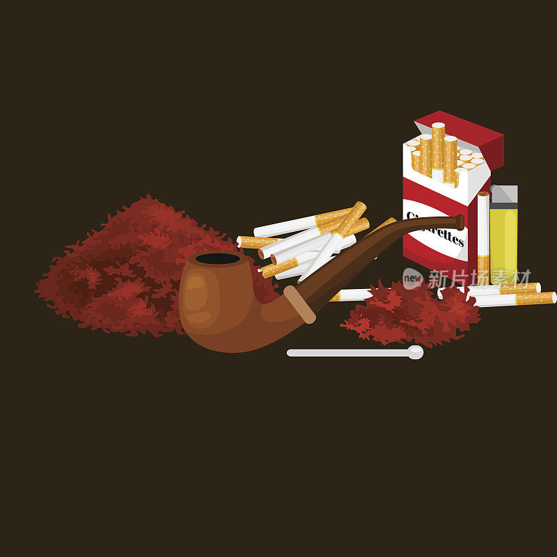 吸烟木制烟斗与烟草卷烟和包装设备矢量插图