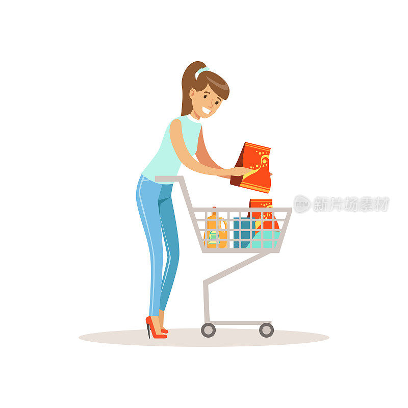 微笑的女人购物车，购物在杂货店，超市或零售商店，彩色字符矢量插图