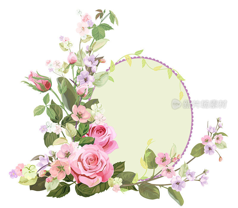 圆框玫瑰，春天开花，树枝紫色，粉红色的苹果树花，芽，绿色的叶子在白色的背景。数字绘制，插图水彩风格，复古，矢量