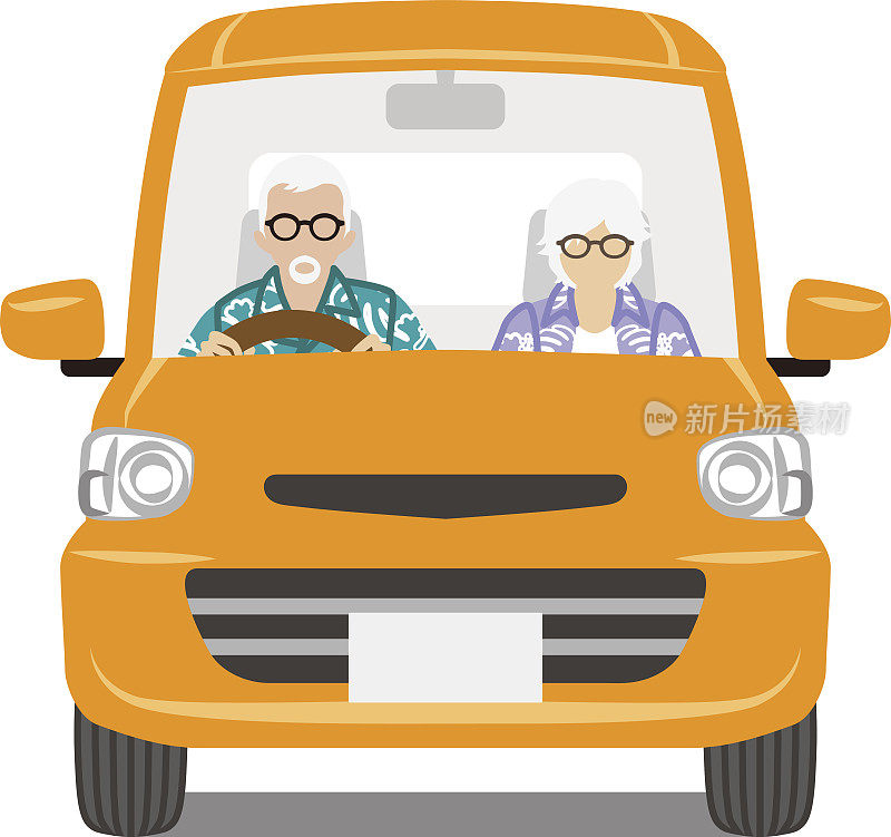 老年夫妇骑着橙色车，正面-孤立