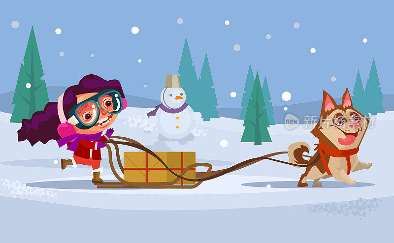 快乐的微笑的女孩儿童性格骑着狗哈士奇雪橇。寒假的概念