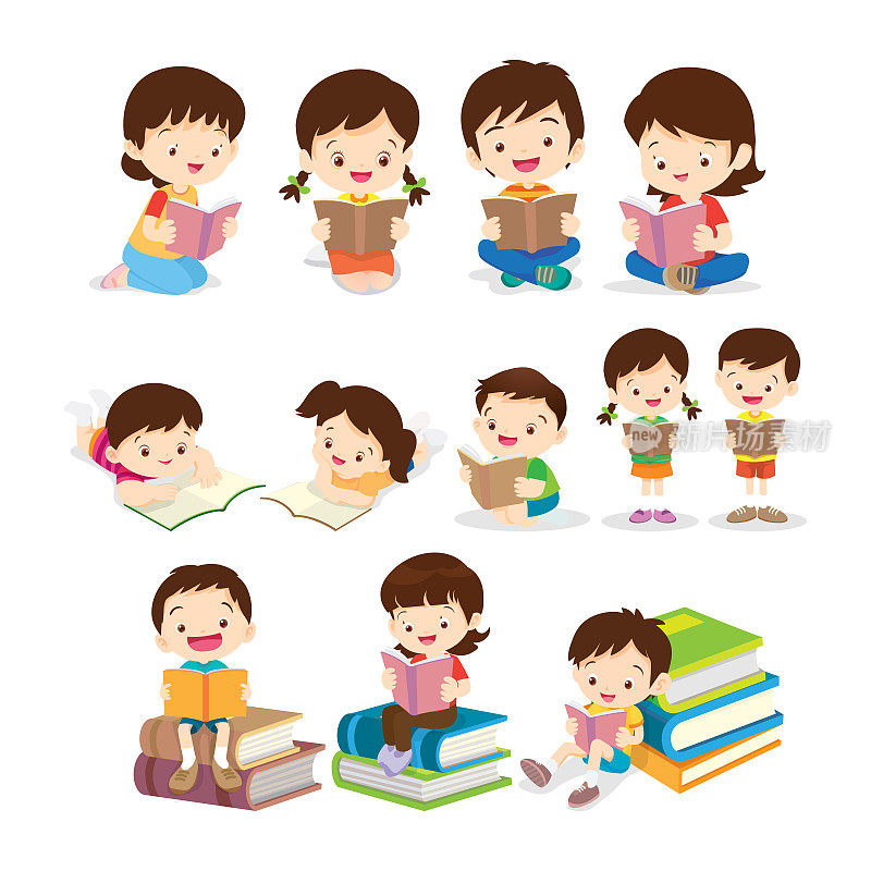 儿童阅读书籍的各种动作