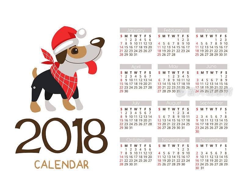 2018年圣诞日历。矢量文件。狗是这一年的象征。有趣的杰克罗素梗03