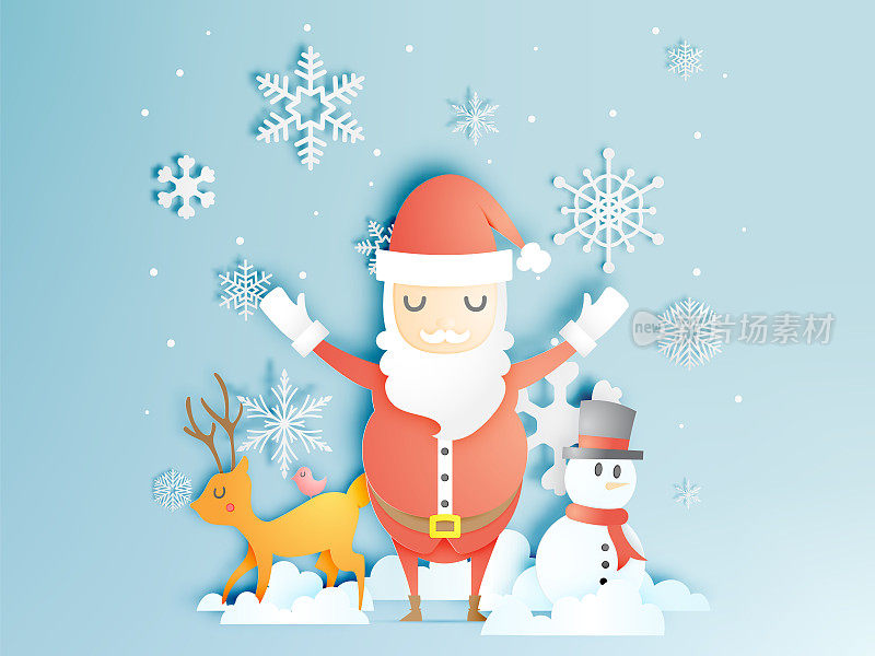 圣诞老人、雪人和驯鹿的纸艺术风格与雪花和雪花的背景