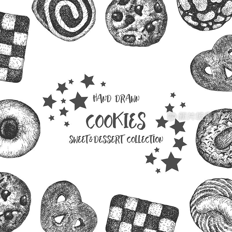 cookie背景设计模板。复古的黑白插图。甜食、甜点、饼干和矢量元素饼干。