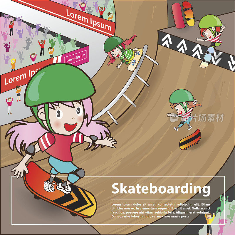 滑板运动与女孩卡通人物广告海报