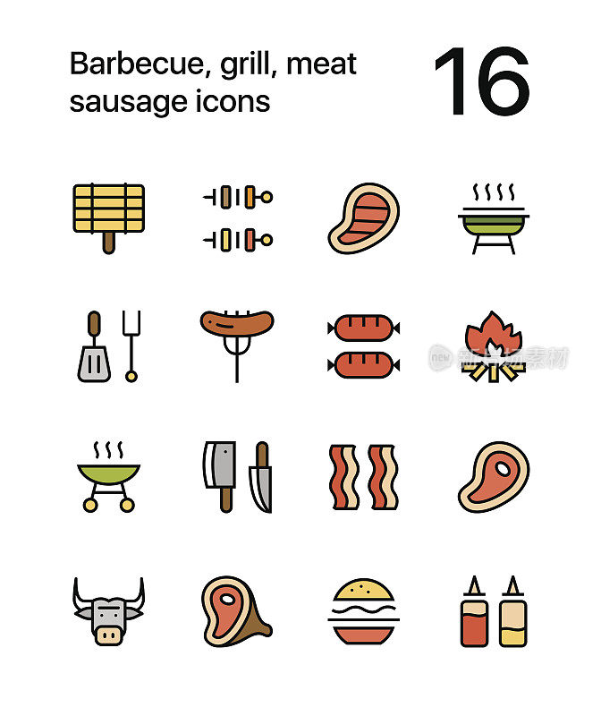 彩色烤肉，烧烤，肉，香肠图标的网页和移动设计包1
