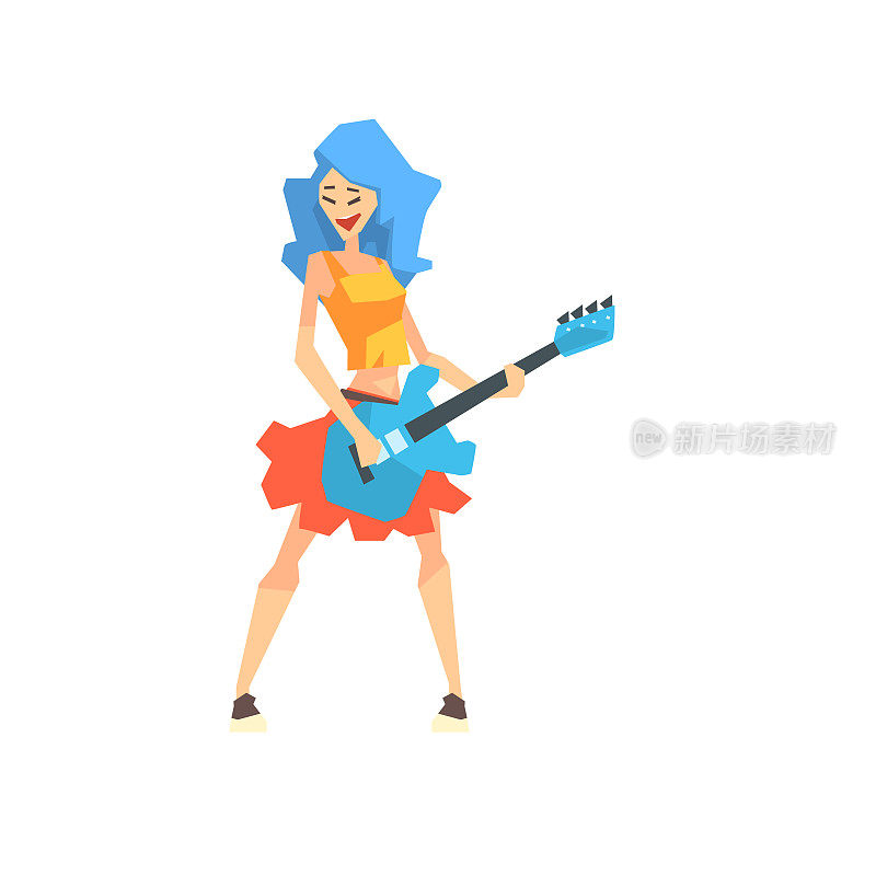 年轻女子与蓝色头发弹吉他卡通矢量插图