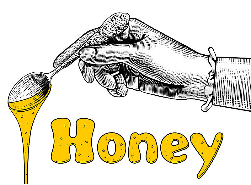 女人的手里拿着勺子，上面有黄色的蜂蜜和字母流淌下来