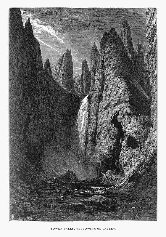 塔瀑布，黄石山谷，黄石国家公园，怀俄明州，蒙大拿州和爱达荷州，美国，美国维多利亚版画，1872年