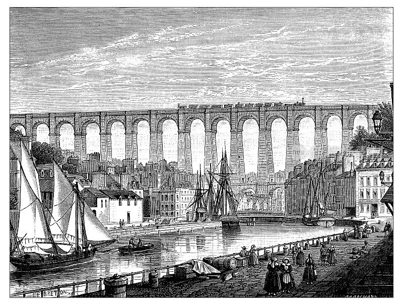 科学发现的古董插图:莫莱克斯的火车桥
