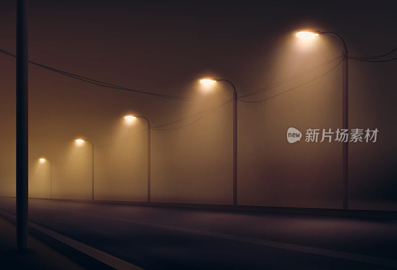 矢量插图的道路照明的灯笼在雾的夜晚。街道照明在温暖的颜色