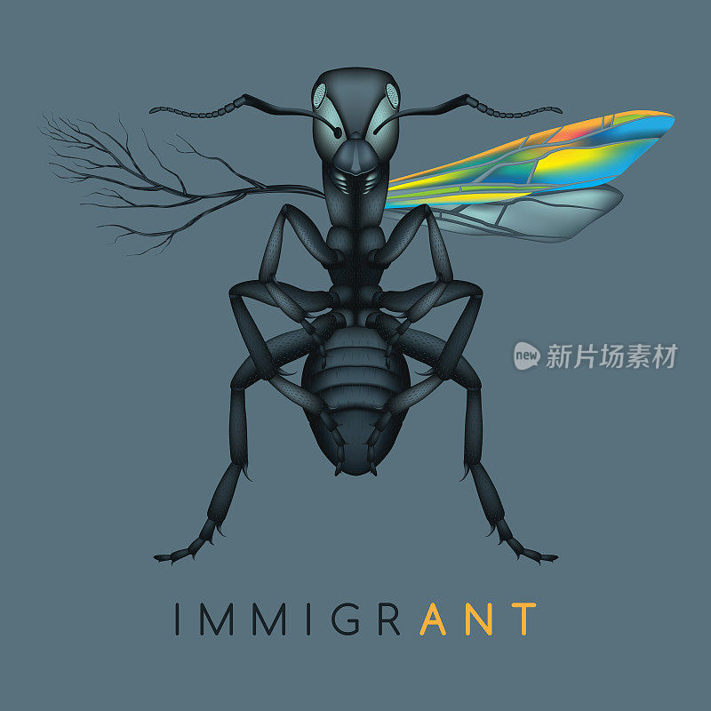 详细的蚂蚁插图-移民-柔韧的根-挑衅的翅膀-矢量脱欧概念-全球公民隐喻