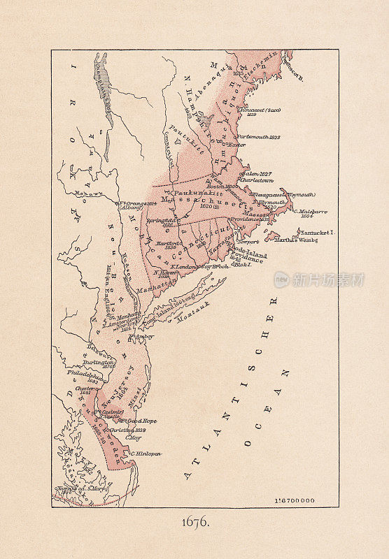 1676年麻萨诸塞湾殖民地地图，1876年平版印刷