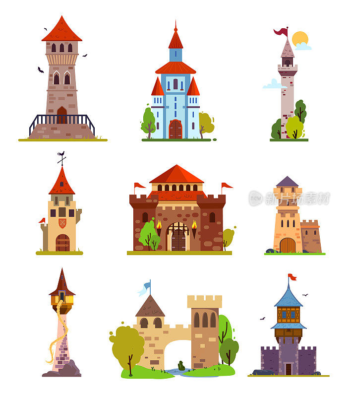 矢量卡通童话城堡，中世纪的塔。