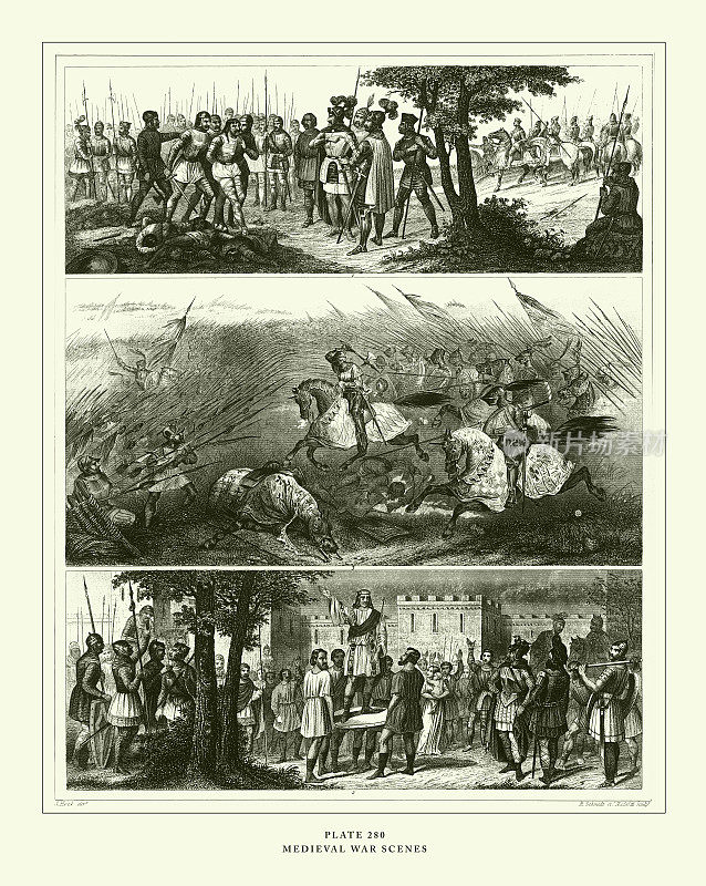 雕刻古董，中世纪战争场景雕刻古董插图，1851年出版