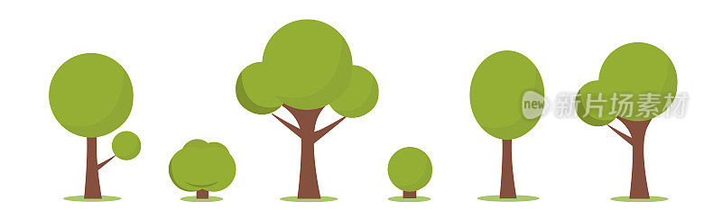 一组抽象的程式化的树。自然插图，卡通灌木和树设置。