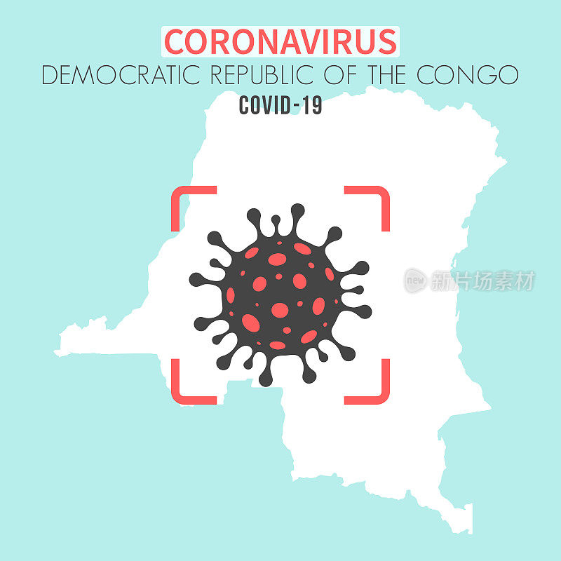 刚果民主共和国地图，红色取景器中有冠状病毒细胞(COVID-19)