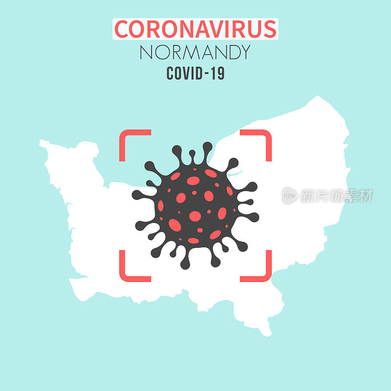 诺曼底地图，红色取景器中有冠状病毒(COVID-19)细胞