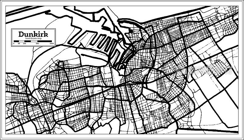 敦刻尔克法国城市地图黑白复古风格。略图。