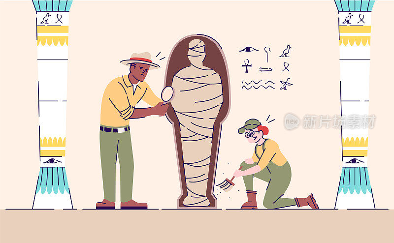 科学家探索木乃伊平面矢量插图。考古发掘工作过程。过去研究的奥秘。男人和女人分析埃及手工制品卡通人物