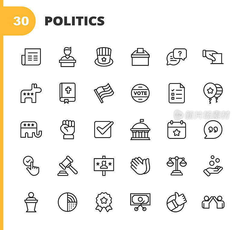 政治路线图标。可编辑的中风。像素完美。移动和网络。包含诸如投票，竞选，候选人，总统，法律，捐赠，政府，国会，共和党，民主党，圣经，选举，旗帜，辩论，权力。