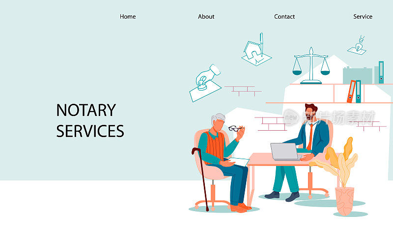 公证服务网站横幅模板与老人平面矢量插图。