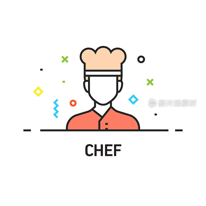 厨师平面线图标,轮廓矢量符号插图。