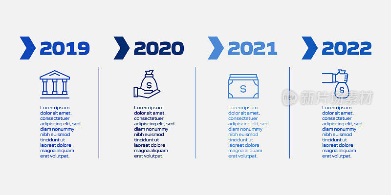 财务相关流程信息图模板。过程时间图。使用线性图标的工作流布局