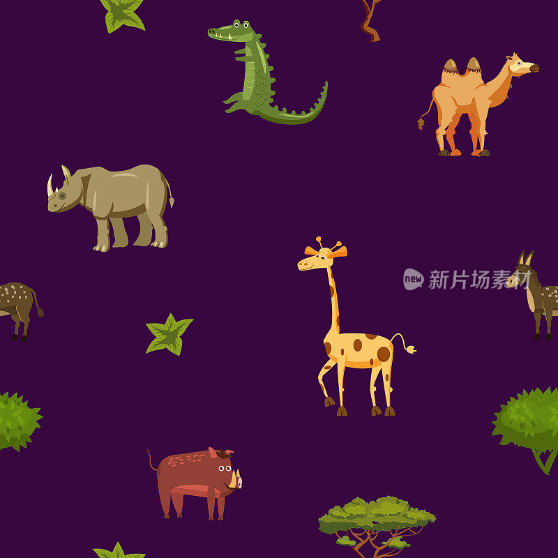 动物非洲犀牛长颈鹿驴鳄鱼野猪骆驼无缝图案。矢量插图卡通风格