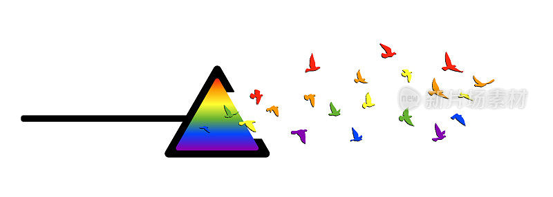 飞鸟的轮廓与光谱彩色棱镜三角形在白色的背景。矢量插图。孤立的鸟飞。纹身和壁纸背景设计。