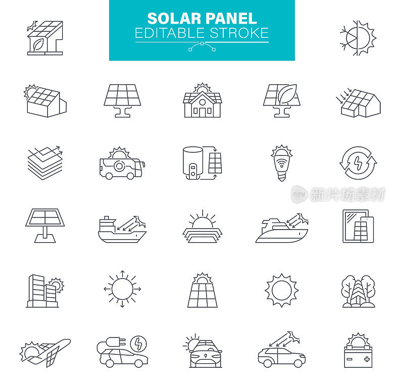 太阳能电池板图标，可编辑的笔触。设置包含图标控制面板，房子，太阳能
