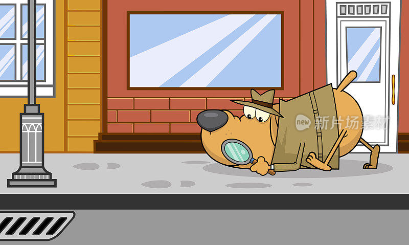 侦探狗卡通人物在街上追踪线索
