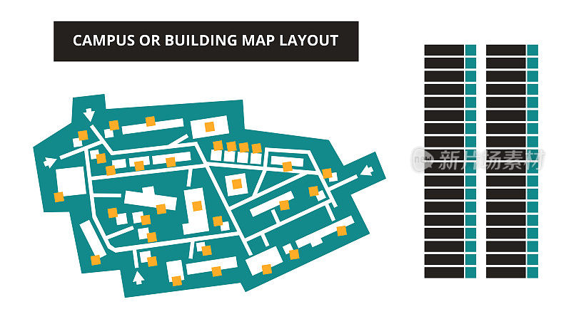 带有标识或标题字段的矢量可编辑平面图-校园或建筑地图在白色背景上孤立的绿色。适合作为购物中心，生产大厅，节日或商店的地图