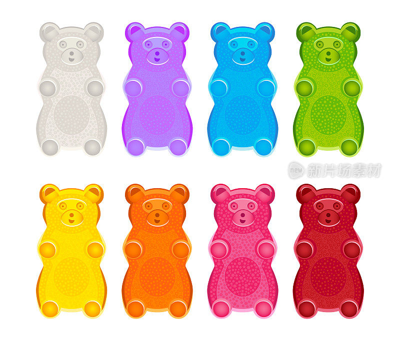 小熊软糖或果冻的矢量集在最常见的颜色。孩子们的童话糖果。八个彩色的孩子熊孤立在白色。插图也可以作为儿童的毛绒玩具。