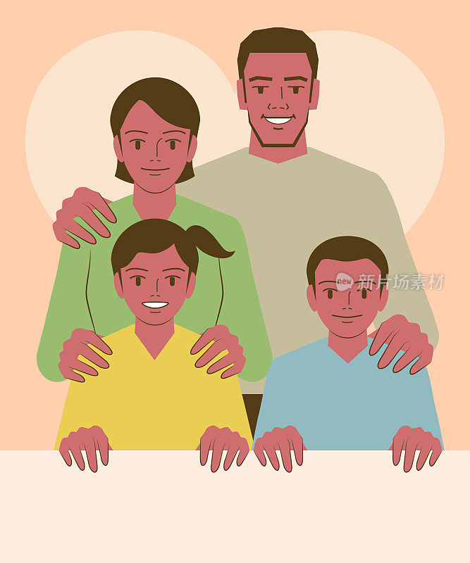 微笑的美丽的年轻家庭和两个孩子举着一个空白的标志