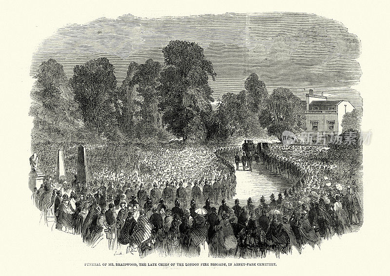 伦敦消防队队长詹姆斯·布莱德伍德的葬礼，1861年，19世纪