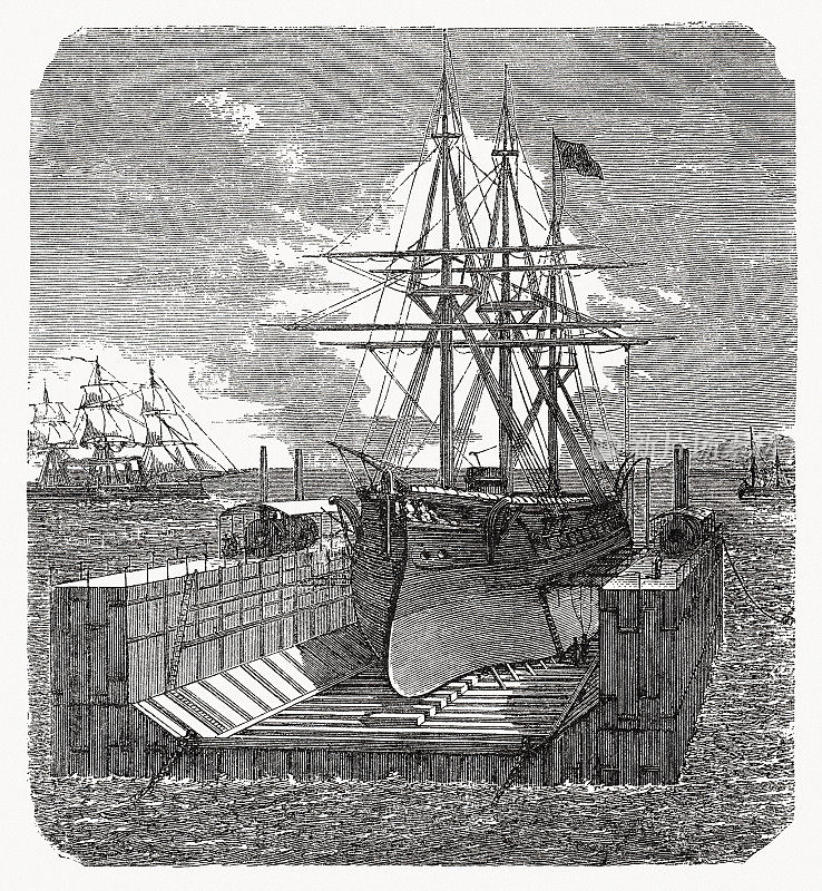 浮船坞里的战舰，木刻，1893年出版