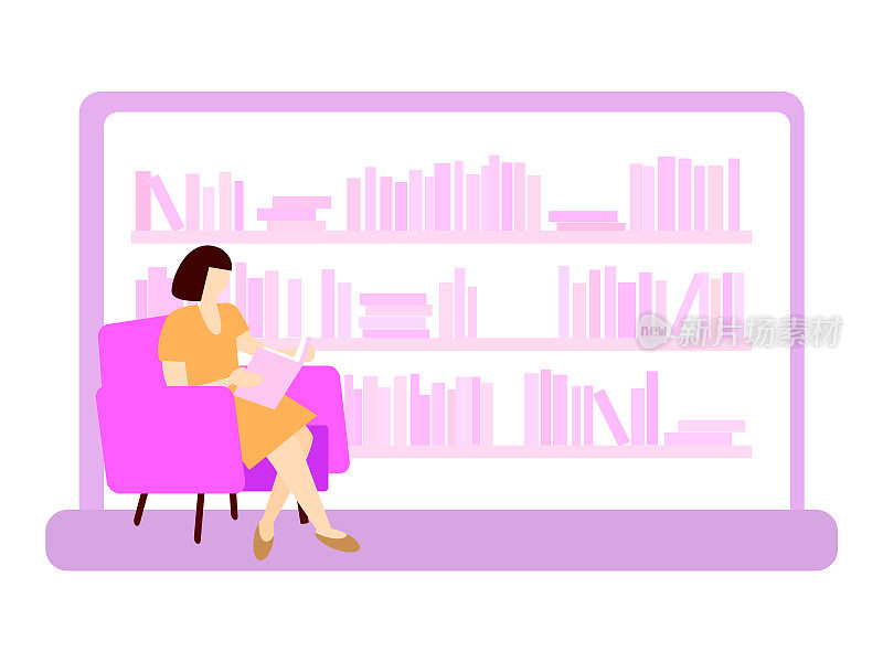 矢量插图。小女人在图书馆的椅子上看书。在线图书馆。平面设计