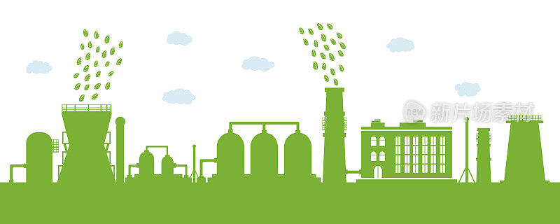 环境友好型生产。一个大型工厂的剪影与清洁的环境排放。环境保护的概念。