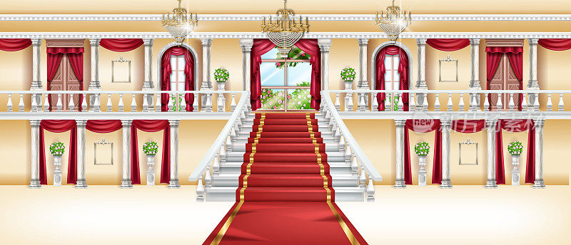 宫殿内部，矢量城堡房间背景，皇家宴会厅，拱形窗，红地毯，大理石柱子。