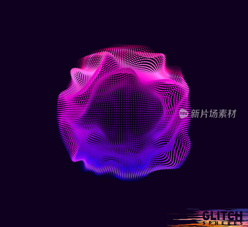 损坏的紫点球体。抽象矢量彩色网格在黑暗的背景。未来主义风格的名片。