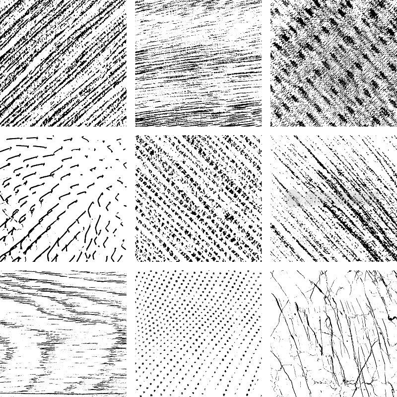 木石自然切片垃圾纹理设置。黑色灰尘Scratchy图案收集。抽象的背景。矢量设计作品。变形的效果。裂缝。