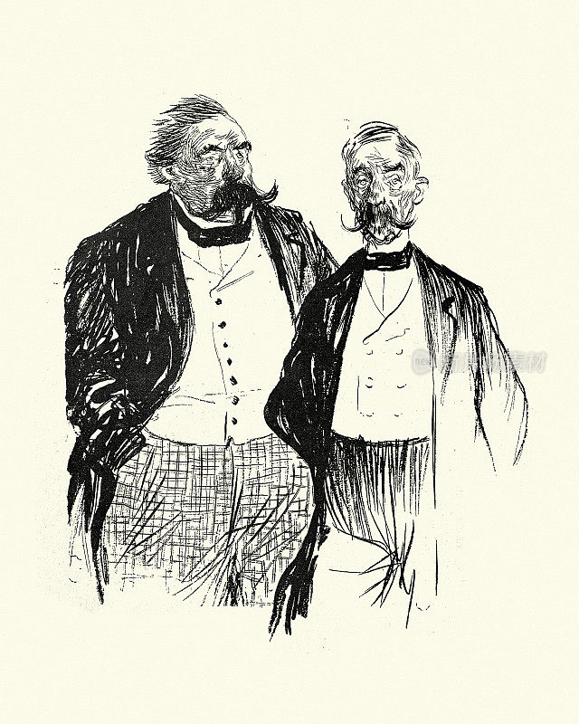 两个穿着得体、留着八字胡的成熟男人的漫画素描，法国，维多利亚时代，1890年代
