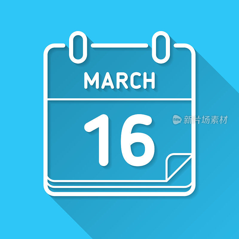 3月16日。蓝色背景上的图标-长阴影平面设计