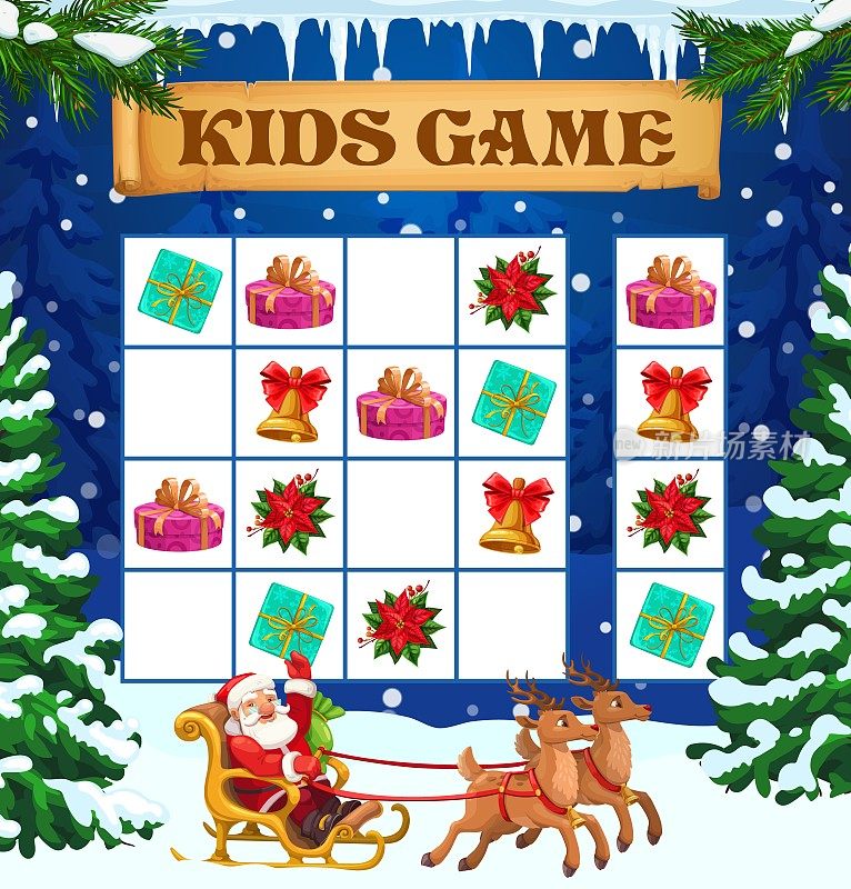 圣诞冬季儿童数独游戏或益智游戏