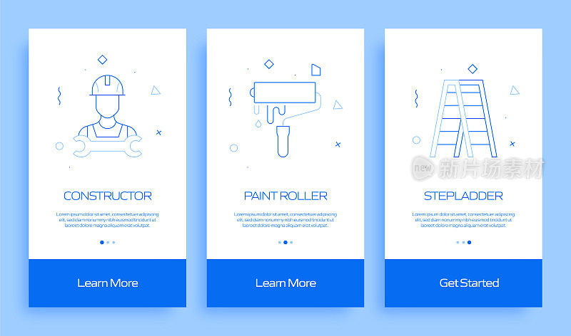建筑行业概念入职移动应用程序页面屏幕与平面图标。用户体验，UI设计模板矢量插图