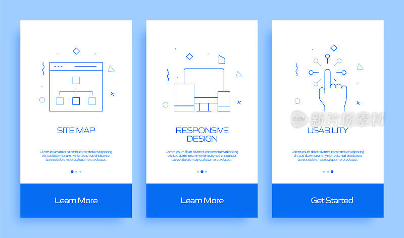 搜索引擎优化概念Onboarding移动应用程序页面屏幕与平面图标。UI设计模板矢量插图