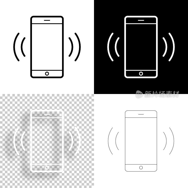 手机响了。图标设计。空白，白色和黑色背景-线图标